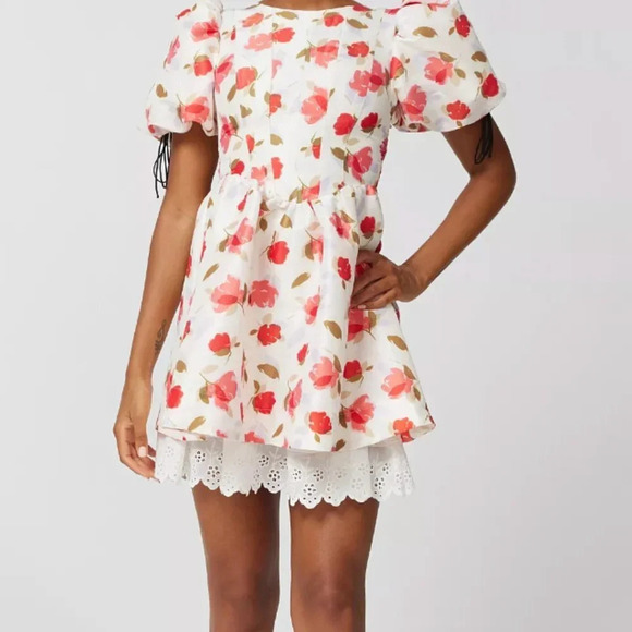 For Love & Lemons Jesse Puff Sleeve Floral  Mini Dress Cream & Red S NWT - Picture 1 of 14